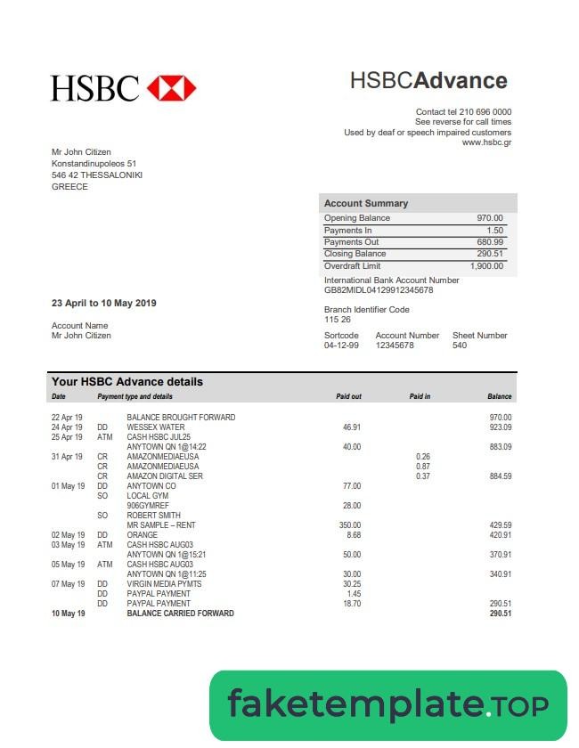 Feature of fake Greece HSBC bank statement